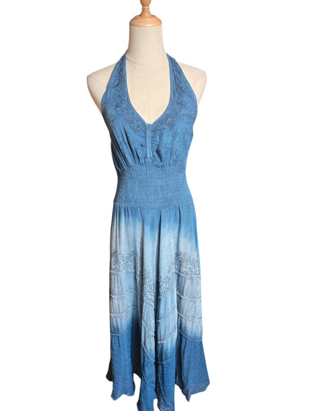 Advance Blue Ombre Halter Beaded Lace Trimmed Smocked-Waist MaxiDress